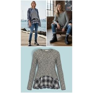 Cloud Chaser LS Layered Look Sweater M Gray Plaid Mixed Media Tunic